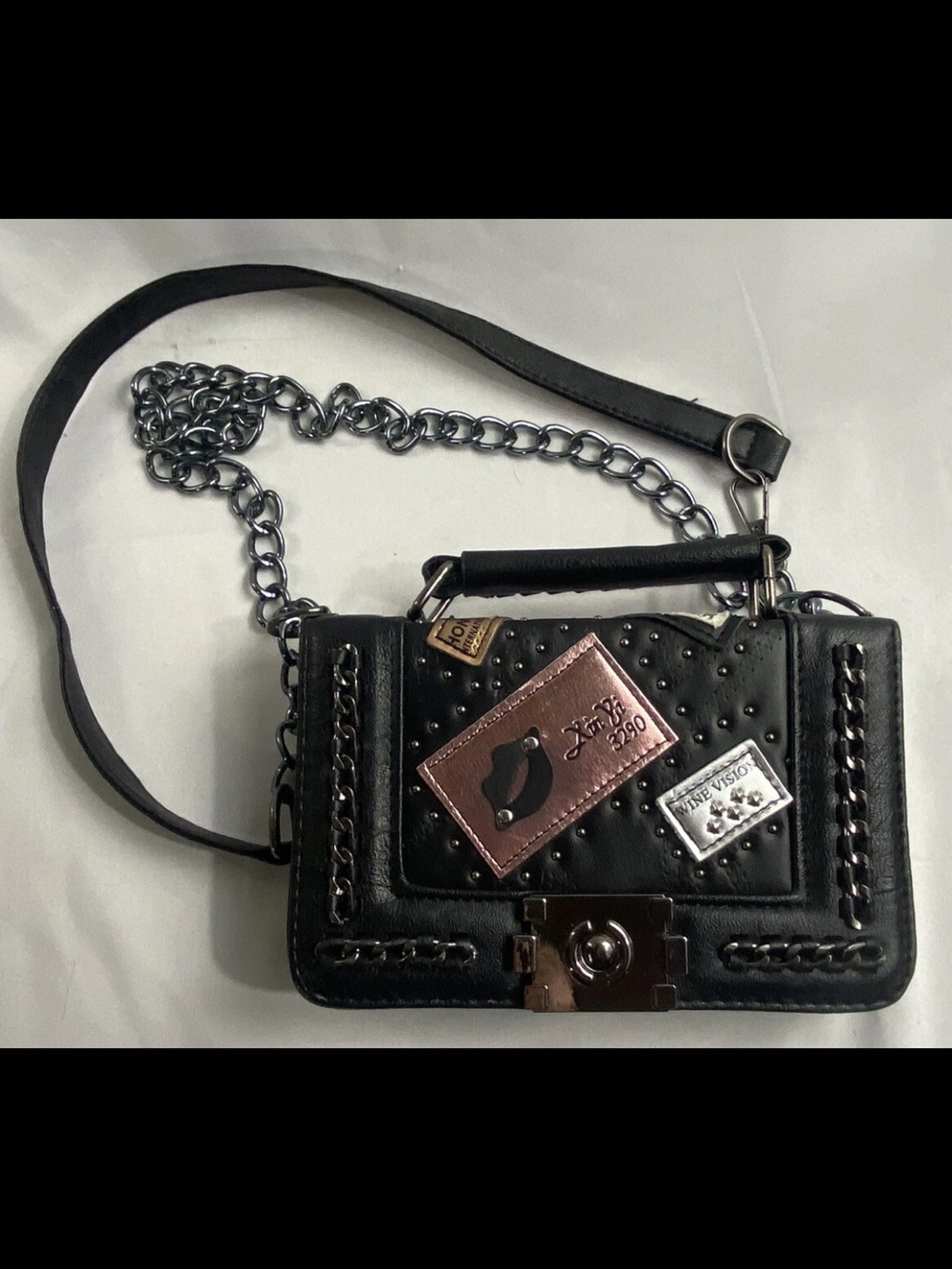 Black Studded Chain Crossbody Bag with Accent Patches Y2K